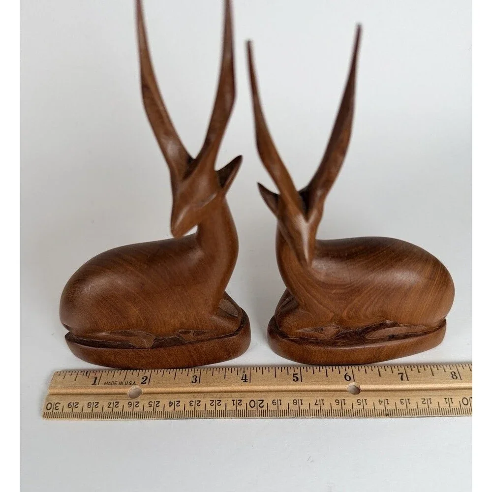Mid Century Hand Carved Teak Wood Antelope Gazelles Figurines Pair MCM Vintage ￼